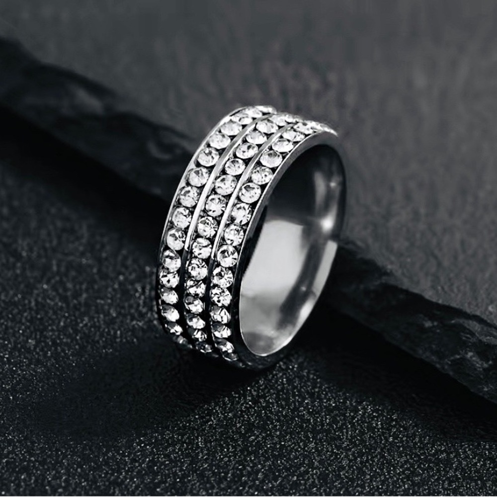 Silver Stainless Steel Band / Ring - 3 Row CZ Stones - Size: 9 - Picture 2 of 2